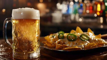 A Pilsner beer served in a frosty mug, placed on a bar counter next to a plate of nachos with melted cheese and jalapenos.