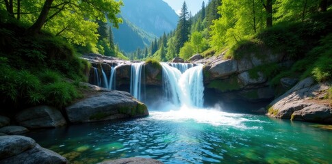 Fototapeta premium Misty waterfall cascading into crystal clear mountain river, forest, nature