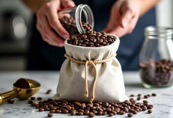 Pouring Coffee Beans into a Linen Reusable Bag on a Marble Counter