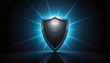 Sleek metallic shield icon glowing with blue edges, security concept