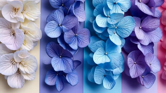 Row of flowers with different colors, including blue, purple, pink, and white. The flowers are arranged in a way that creates a sense of harmony and balance, with each color complementing the others