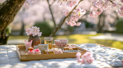 A beautifully arranged hanami picnic under a canopy of pink cherry blossoms, with sake cups and delicate Japanese sweets on a wooden tray