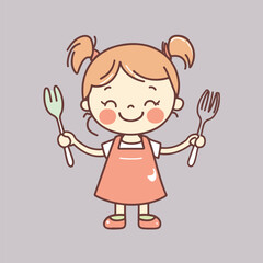 Chef girl with fork and spatula cartoon vector illustartion 