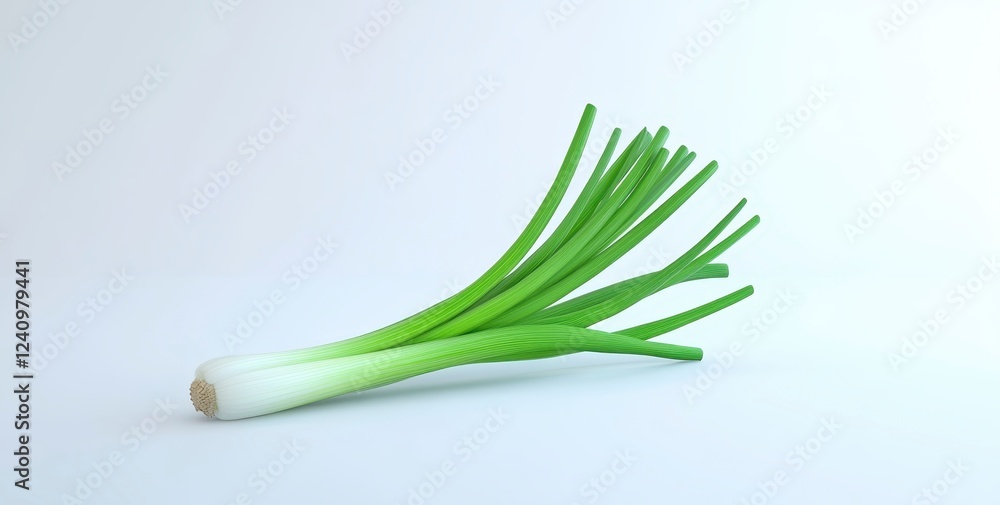 Poster a stylized, low poly, 3d rendering of a green onion. the onion bulb and stems are represented by sim