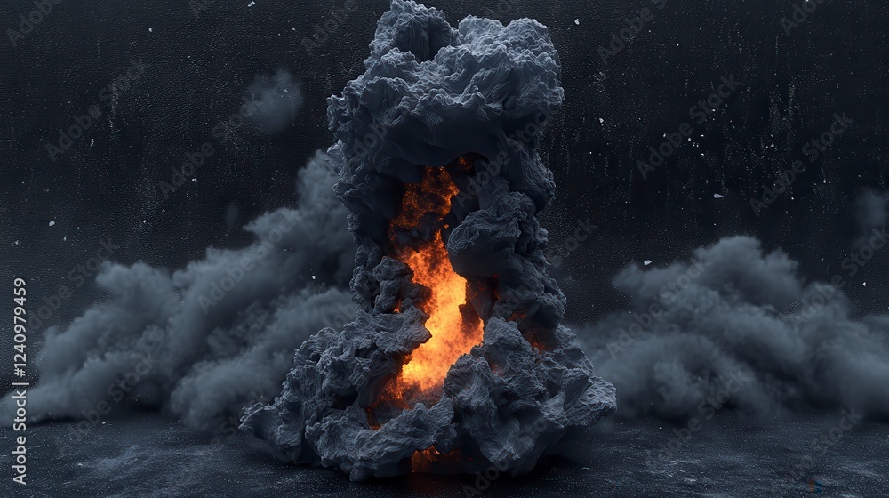 Poster abstract 3d rendering of a large explosion, textured with small particles, and emitting bright orang
