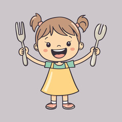 Chef girl with fork and spatula cartoon vector illustartion 