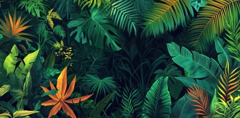 Lush Tropical Foliage Abundant Green Leaves Orange Flowers
