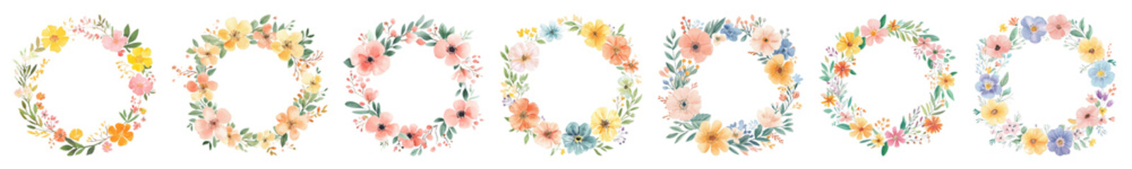PNG Colorful floral wreaths collection, element set on transparent background