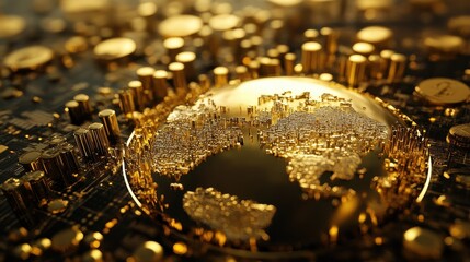 Global economy, blockchain integration, financial growth representation, 3D illustration. 