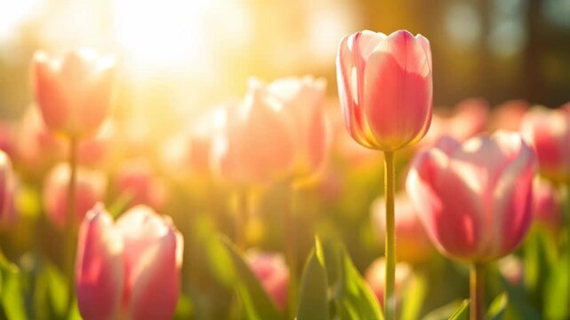 Sunny field or garden with red tulip flowers in sunlight. Blooming multicolor dutch tulip fields. Landscape Holland. Netherlands spring flowers concept. Springtime nature beauty. Travel and vacation