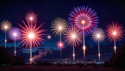 Colorful fireworks burst against night sky over city skyline, celebration