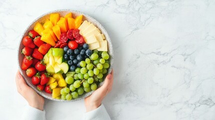 Overhead view of an artfully assembled grazing board featuring an assortment of fresh fruits cheeses cured meats and other delectable nibbles displayed on a marble background