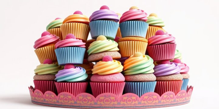 Stack of colorful cupcakes with a decorative base, celebration, festive