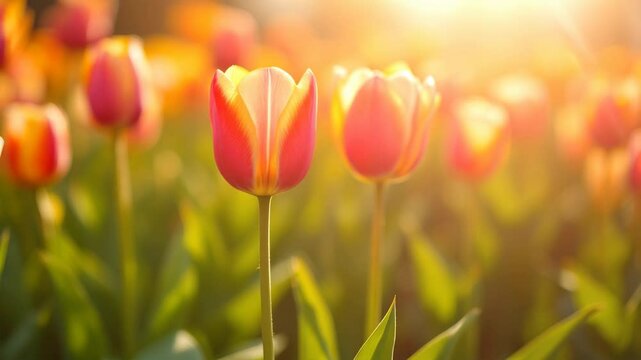 Sunny field or garden with red tulip flowers in sunlight. Blooming multicolor dutch tulip fields. Landscape Holland. Netherlands spring flowers concept. Springtime nature beauty. Travel and vacation