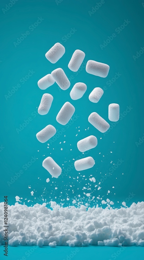 Poster abstract 3d render of white rectangular shapes falling in slow motion from an undefined source onto 