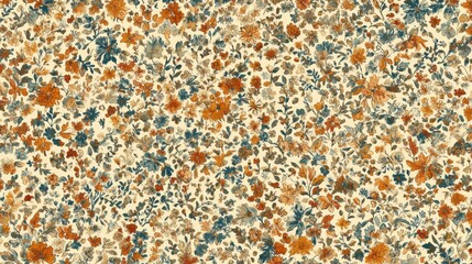 Abstract floral pattern design with small, scattered flowers and leaves in various shades of beige, orange, and navy blue on a light beige