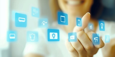 Fototapeta premium Smart Home and Remote Control. Mobile App Integration, Voice-Activated Security, Real-Time Notifications, Biometric Authentication, Home Automation management. 