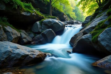 Obraz premium Waterfall cascading into a stream in a rocky gorge, waterfall, rocky, flow
