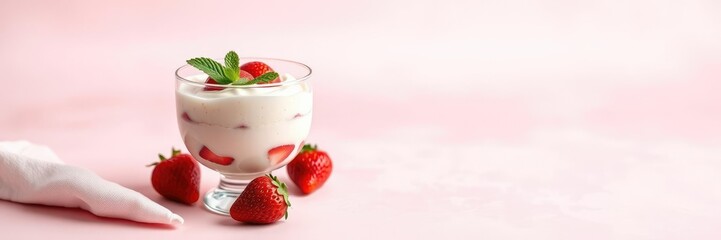 Strawberry mousse in a delicate glass or cup on a pale pink background, with a sprig of mint and a few fresh strawberries, seasonal ingredients, delicate presentation