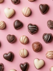 Fototapeta premium A Symphony of Hearts: A Delightful Collection of Exquisite Chocolate Hearts, Beautifully Displayed on a Pastel Pink Surface, Creating a Scene of Pure Romance and Sweet Indulgence