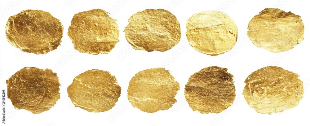 Poster collection of textured gold circles with variations in shade and tone, creating an abstract design