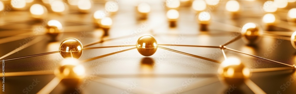 Poster abstract network of gold spheres connected by thin gold lines, creating a complex, interconnected ne