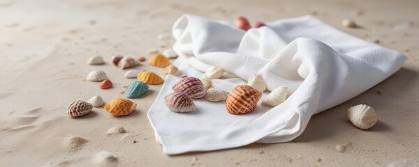 Summery image of a white beach towel with colorful seashells scattered around, beach, summer, towel