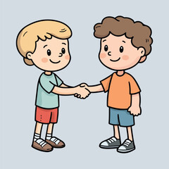Cute Little Kid Doing Handshake with Friend Cartoon Vector Illustration