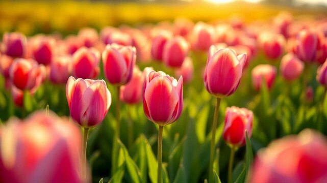 Sunny field or garden with red tulip flowers in sunlight. Blooming multicolor dutch tulip fields. Landscape Holland. Netherlands spring flowers concept. Springtime nature beauty. Travel and vacation