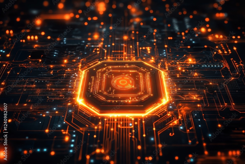 Wall mural futuristic digital circuit board with glowing orange lights and hexagonal core in a high-tech abstra
