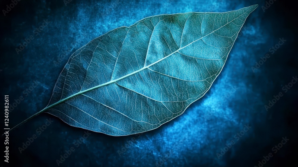 Poster abstract image of a leaf, depicted with a textured, dotted pattern in shades of dark blue and light 