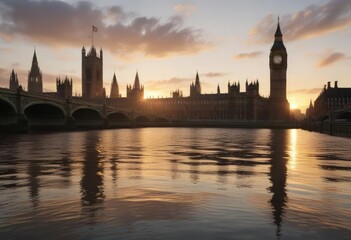 Sunrise view of Westminster bridge with Big Ben and Parliament silhouetted against the sky, architecture, sunrise, dawn, cityscape, travel destination