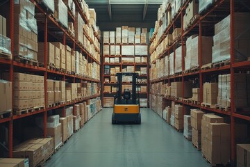 Obraz premium Modern Warehouse Interior with Forklift and Stacked Boxes on Shelves in Industrial Storage Facility