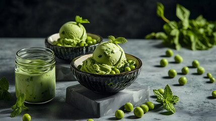 Vegetable ice cream from jar. Concept of nutrition and healthy eating. Unusual tastes