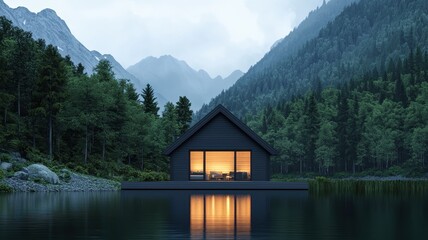 Fototapeta premium Modern Black Cabin on Lake at Dusk Mountain Scenery Cozy Interior
