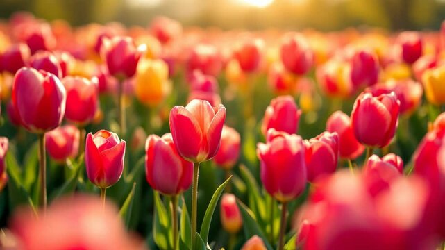 Sunny field or garden with red tulip flowers in sunlight. Blooming multicolor dutch tulip fields. Landscape Holland. Netherlands spring flowers concept. Springtime nature beauty. Travel and vacation