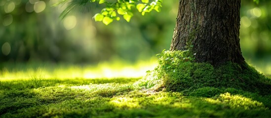 Fototapeta premium Sunlit Forest Scene with Moss-Covered Tree Trunk and Lush Greenery in a Serene Natural Setting