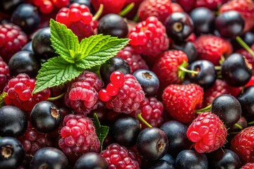 Close-Up of Ripe Raspberries and Black Currants - Juicy Summer Berries