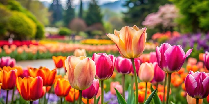 Intriguing tilt-shift view of tulips at Butchart Gardens, Victoria.