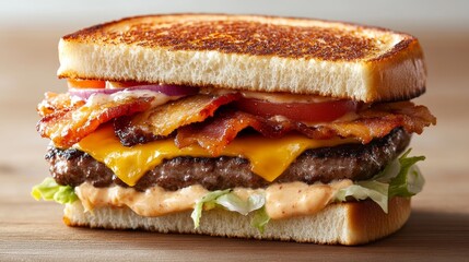 Juicy Bacon Cheeseburger Sandwich on Toasted Bread