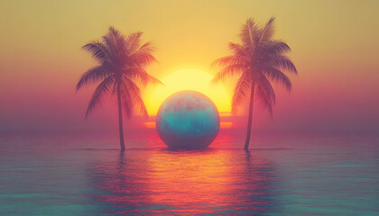 Surreal tropical sunset scene with two palm trees flanking a large, glowing orb in calm ocean water.  Perfect for travel, vacation, or fantasy themes.