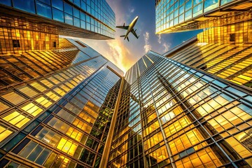 Gold-toned skyscrapers, glass facade, airplane &acirc;&euro;&ldquo; AI photo art.