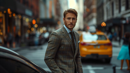 Stylish Man in Plaid Suit Urban City Street Fashion, Classy Modern Look for Trendy Models.