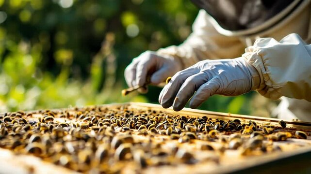 A beekeeper inspecting honeycomb frames in a lush natural setting.