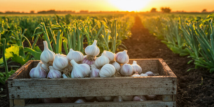 Freshly harvested garlic in a countryside field