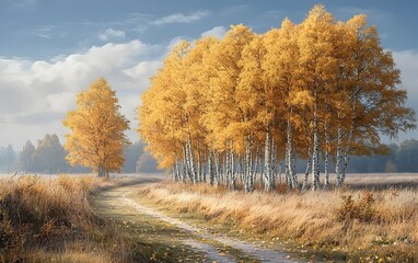 A serene autumn landscape showcasing a vibrant grove of golden-leaved birch trees beside a winding dirt path, under a soft, cloudy sky.