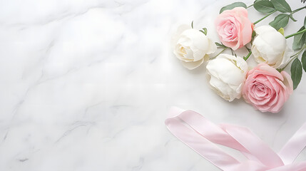 White Marble Background with Pink Ribbon and Roses. Flat Lay, Top View, Space for Text. Elegant Minimalist Composition with Soft Lighting and Detailed Petal Texture.