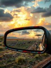 View of zebras in rear mirror of safari vehicle in Ngorongoro Crater, environmental protection, wild safari