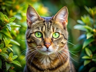Close-Up Portrait of Tabby Cat with Striking Green Eyes, Bush Background