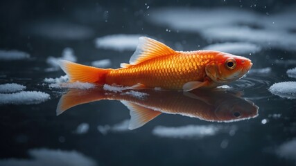 A vibrant goldfish swimming gracefully in a serene, icy pond surrounded by floating snowflakes
